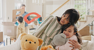 Buy stock photo Moving in, mother and child hug with teddy bear, support and bonding together on sofa in new home. Parent, girl and embrace in dream house with toy, love and happy family in property for relocation