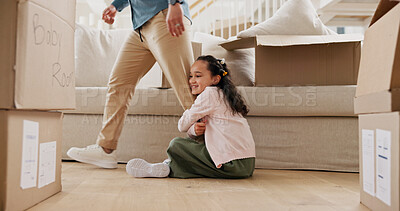 Buy stock photo Play, new home or kid hanging to leg, separation anxiety or dependance for adjustment comfort. Clingy behavior, connection or man with girl in lounge for support,  attachment or safety in attention