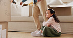Play, lounge or girl hanging to leg, separation anxiety or dependance for adjustment comfort. Clingy behavior, connection or man with child in new home for support,  attachment or safety in attention