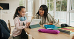 Education, homework or tablet with mother and daughter in home together for learning or study. App, child development or research with girl and single parent woman in apartment for online course