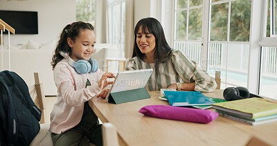 Buy stock photo Education, homework or tablet with mother and daughter in home living room for study assignment. App, learning or technology with girl child and single parent woman in apartment for school project