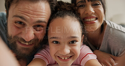 Buy stock photo Kid, parents and selfie with happy family in home, bonding together and social media update. Mother, father and picture of girl with portrait in house for love, memory and POV for photo with face