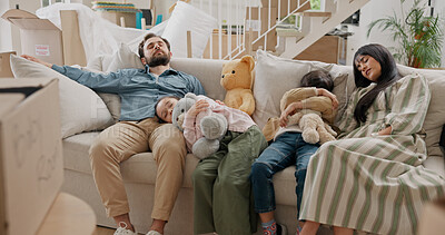 Buy stock photo Family, tired and sleeping in new home with boxes, toys and children on sofa, comfort and rest in lounge. People, parents and kids with property, exhausted or nap for real estate investment at house