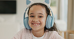 Home, girl and kid with headphones, portrait and smile with audio, internet and playlist album. Apartment, happiness and childhood with song, radio and listening to music, relax and resting in lounge