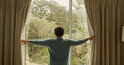 Buy stock photo Wake up, curtain and back of man in hotel room for morning routine, accommodation getaway and relax. Window, hospitality and view with person in house rental for comfortable, trip and sunrise