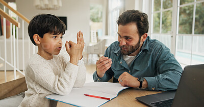 Buy stock photo Homeschool, parent or child in house with counting, number lesson or support for academic development. Education, tech or family at table with laptop, math homework or guidance in remote learning.