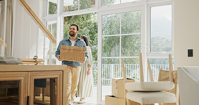 Buy stock photo Couple, moving in and new house with boxes for property, real estate and homeowners. Mortgage, happy man and woman with front door for investment, partnership and people smile with relocation