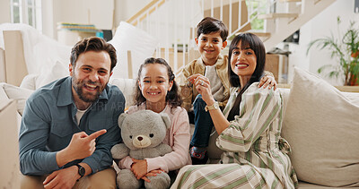 Buy stock photo Excited, new home and portrait of family in living room together for moving in or relocation. Investment, property or real estate with mother, father and children in apartment for bonding or love