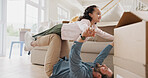 Moving, child and man playing airplane in new home, real estate and happy bonding in family house. Lounge, property investment and father lifting girl in air, flying game and connection for support
