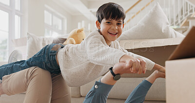 Buy stock photo Portrait, child and flying with father in new house for fun activity, airplane games and bonding together. Happy, man and lifting kid in air for fantasy adventure, family time and playful weekend