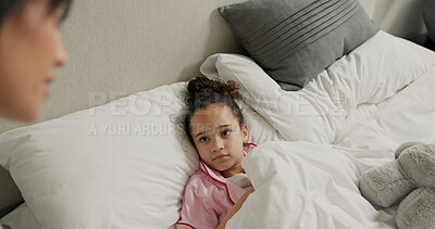 Buy stock photo Sick, sad and mom with child in bed with infection, cold symptoms and illness in bedroom. Family, health and mother with unhappy girl for support, care and comfort with fever, virus and flu in house
