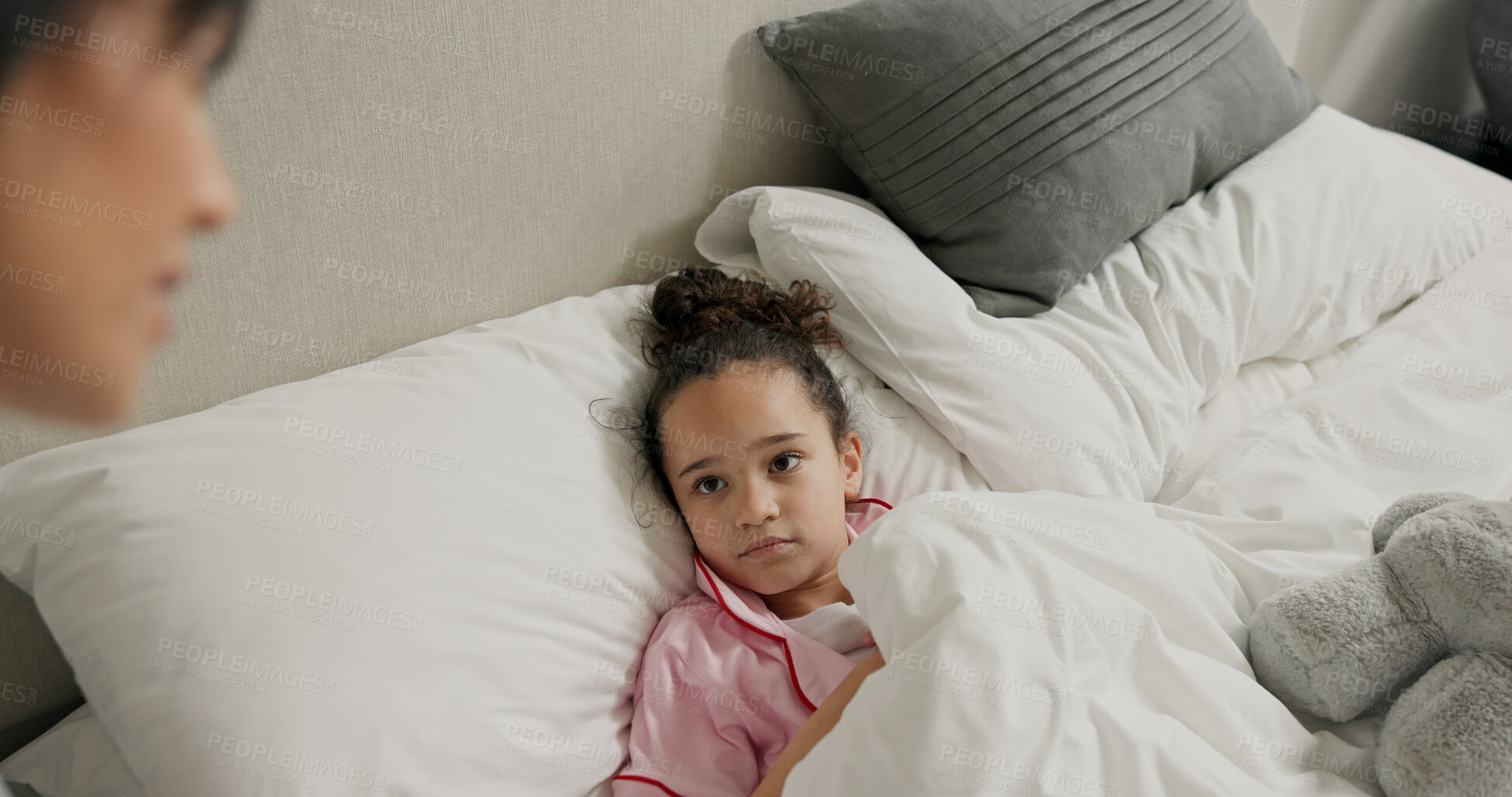 Buy stock photo Sick, sad and mom with child in bed with infection, cold symptoms and illness in bedroom. Family, health and mother with unhappy girl for support, care and comfort with fever, virus and flu in house