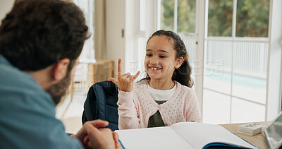Buy stock photo Father, child and learning sign language in home for development, growth and love in homeschool. Education, dad and teaching student asl, hand gestures and happy girl with hearing disability in house