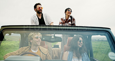 Buy stock photo Road trip, driving and couple of friends in car for holiday, adventure and explore. Tourism vacation, transport and bonding with people with vehicle in countryside, sightseeing and destination