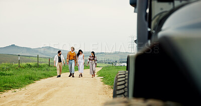 Buy stock photo Road trip, walking and travel with couple of friends outdoor for holiday, adventure and explore. Tourism, vacation and bonding with people with vehicle for countryside, sightseeing and destination