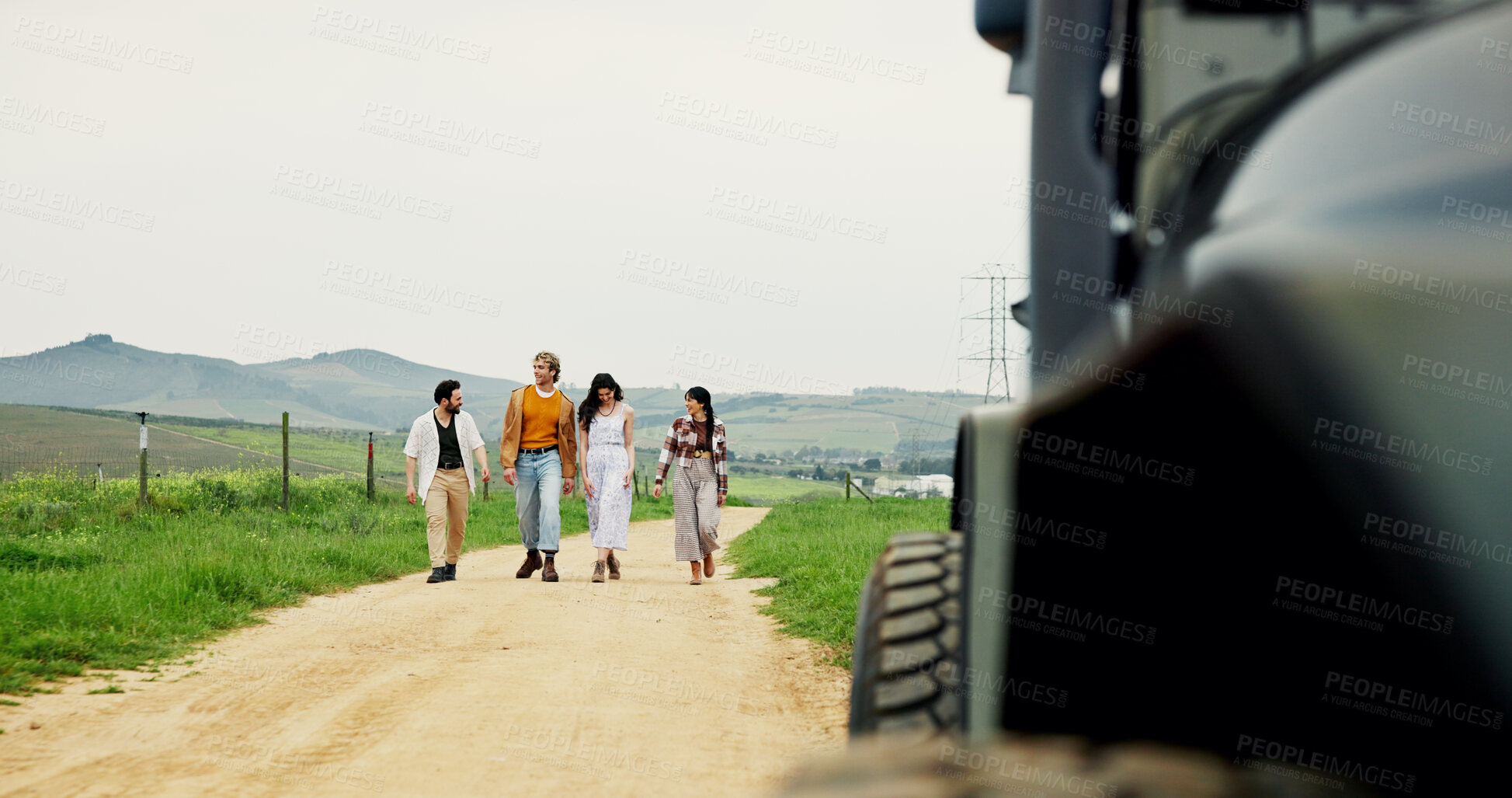 Buy stock photo Road trip, walking and travel with couple of friends outdoor for holiday, adventure and explore. Tourism, vacation and bonding with people with vehicle for countryside, sightseeing and destination