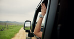 Hands, person and relax in car for road trip with fresh air, travel path and adventure weekend. Woman, window and passenger in vehicle for journey, explore nature and tourism holiday in countryside
