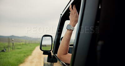 Buy stock photo Hands, person and relax in car for road trip with fresh air, travel path and adventure weekend. Woman, window and passenger in vehicle for journey, explore nature and tourism holiday in countryside