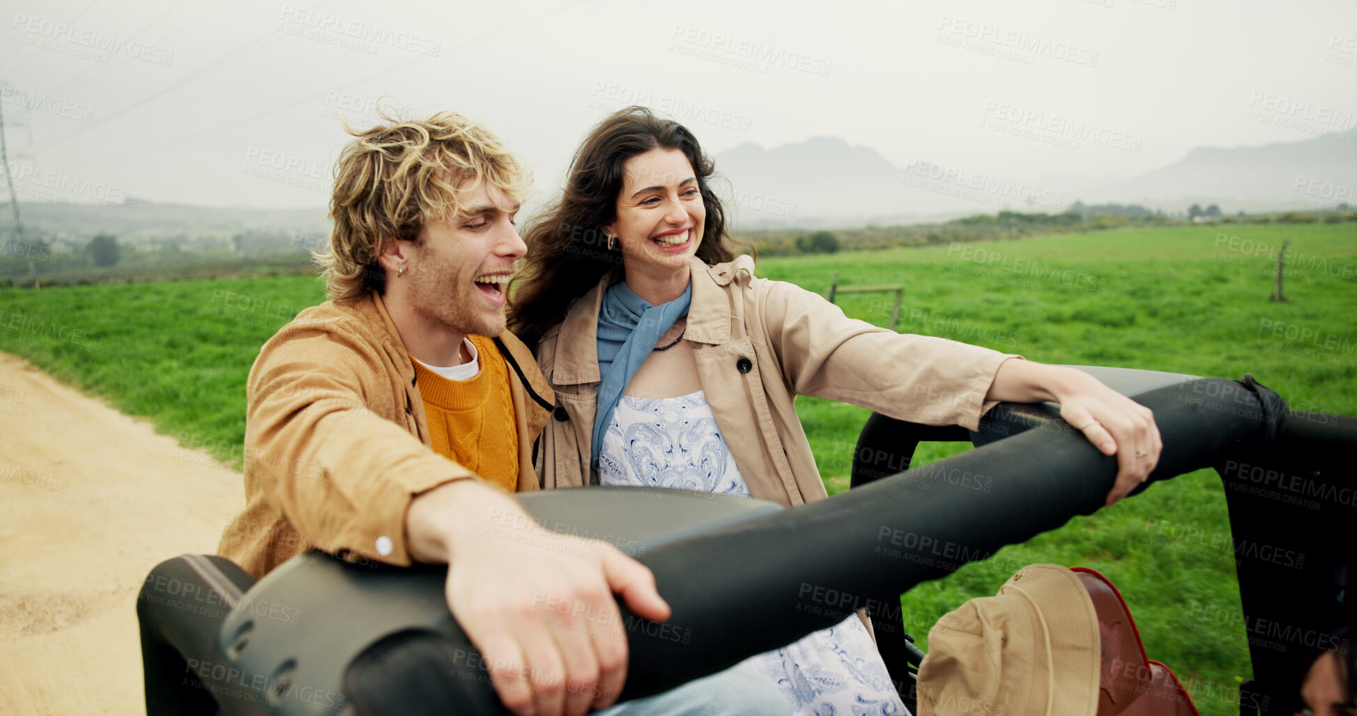 Buy stock photo Road trip, adventure and couple of friends in truck for holiday, journey and exploring together. Happy, travel and people in vehicle for bonding outdoor for sightseeing in countryside for vacation.