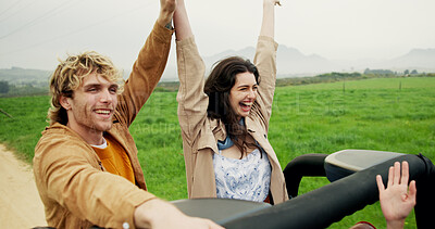 Buy stock photo Road trip, freedom and couple of friends in car for holiday, adventure and explore. Tourism vacation, transport and bonding with people and vehicle for environment, sightseeing and destination