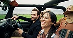 Travel, woman and couple of friends in car for road trip, holiday adventure and sightseeing. Happy people, passenger or driving in vehicle for weekend getaway, vacation journey or countryside tourism