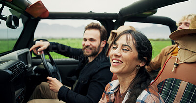 Buy stock photo Travel, woman and couple of friends in car for road trip, holiday adventure and sightseeing. Happy people, passenger or driving in vehicle for weekend getaway, vacation journey or countryside tourism