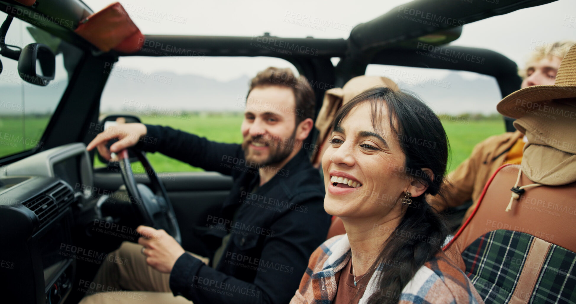 Buy stock photo Travel, woman and couple of friends in car for road trip, holiday adventure and sightseeing. Happy people, passenger or driving in vehicle for weekend getaway, vacation journey or countryside tourism