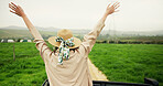 Woman, car and cheer with freedom for road trip, adventure and travel or journey in countryside. Excited, female person and passenger with transport in vehicle for holiday, vacation and tourism