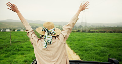 Buy stock photo Woman, car and cheer with freedom for road trip, adventure and travel or journey in countryside. Excited, female person or back of passenger with transport in vehicle for holiday, vacation or tourism