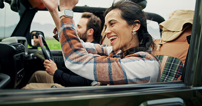 Buy stock photo Happy, vehicle and couple with vacation, travel and bonding together with romance. Automobile, road trip and man with woman, journey and adventure with holiday, anniversary and laughing with break