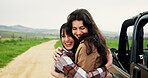 Travel, hug or women with smile, vehicle or bonding together with road trip, adventure or countryside. Outdoor, people or friends with happiness, embrace or journey with holiday, relax or destination