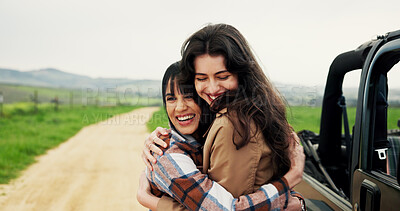 Buy stock photo Travel, hug or women with smile, vehicle or bonding together with road trip, adventure or countryside. Outdoor, people or friends with happiness, embrace or journey with holiday, relax or destination