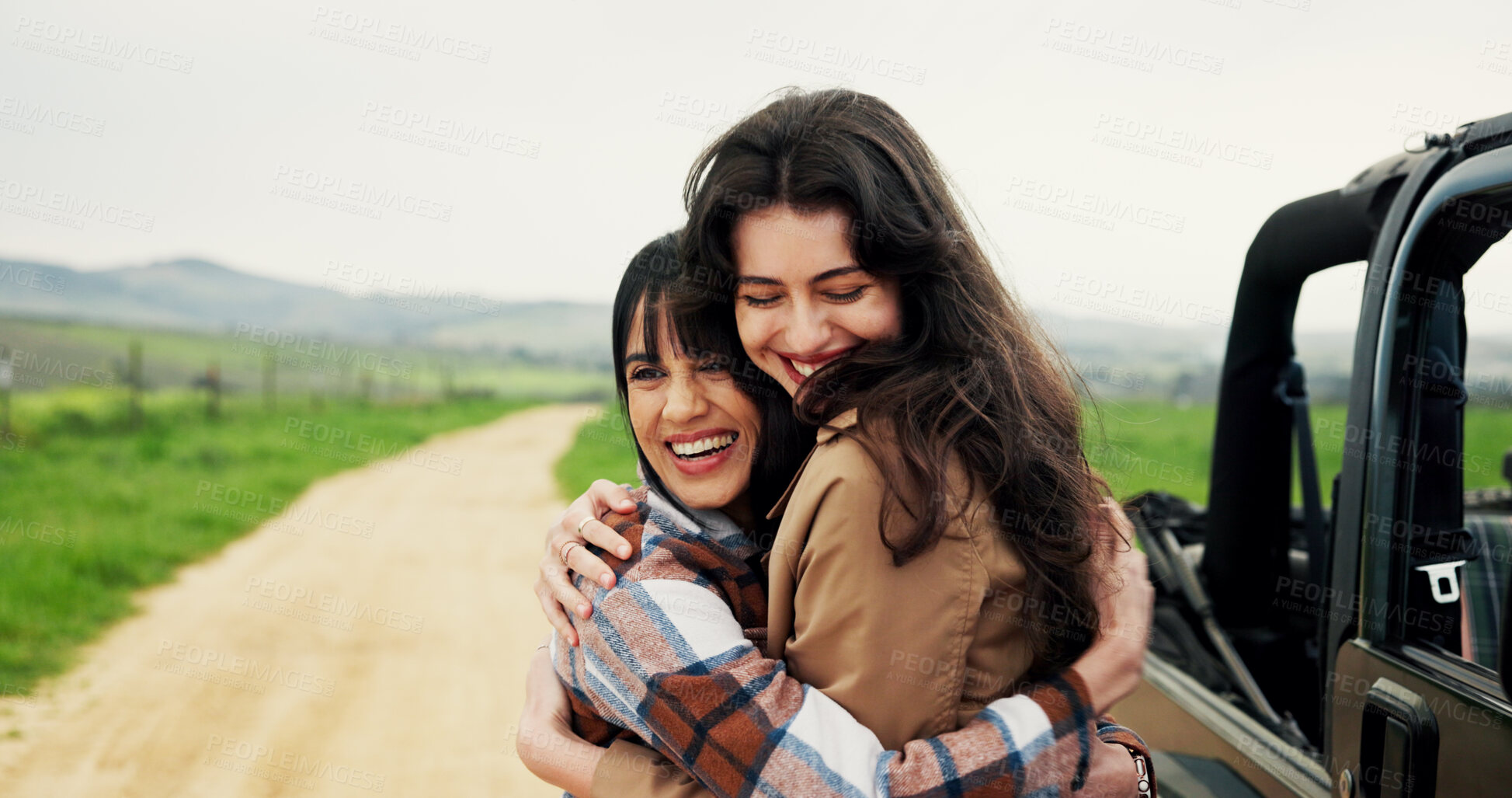Buy stock photo Travel, hug or women with smile, vehicle or bonding together with road trip, adventure or countryside. Outdoor, people or friends with happiness, embrace or journey with holiday, relax or destination