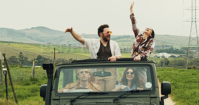 Buy stock photo Travel, friends and car with freedom for road trip, adventure and summer journey in countryside. Excited, people and passenger with transport in vehicle for holiday, vacation and explore or tourism