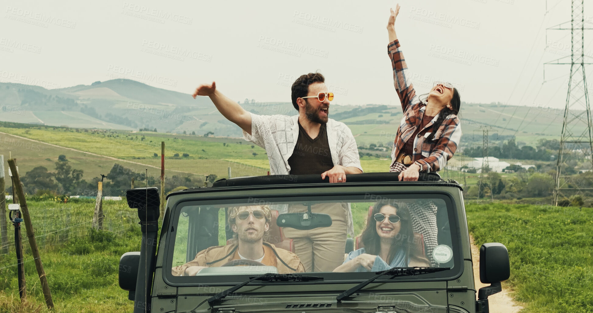 Buy stock photo Travel, friends and car with freedom for road trip, adventure and summer journey in countryside. Excited, people and passenger with transport in vehicle for holiday, vacation and explore or tourism