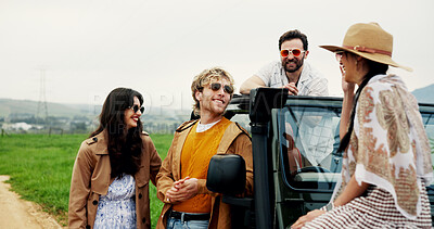 Buy stock photo Road trip, relax and travel with couple of friends outdoor for holiday, adventure or route planning. Tourism, vacation and bonding with people with vehicle for countryside, discussion and destination