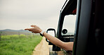 Hands, woman and window of car for road trip with fresh air, travel and adventure freedom. Person, vehicle and breeze with sensory experience, driving journey and explore nature for holiday in safari