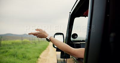Buy stock photo Hands, woman and window of car for road trip with fresh air, travel and adventure freedom. Person, vehicle and breeze with sensory experience, driving journey and explore nature for holiday in safari