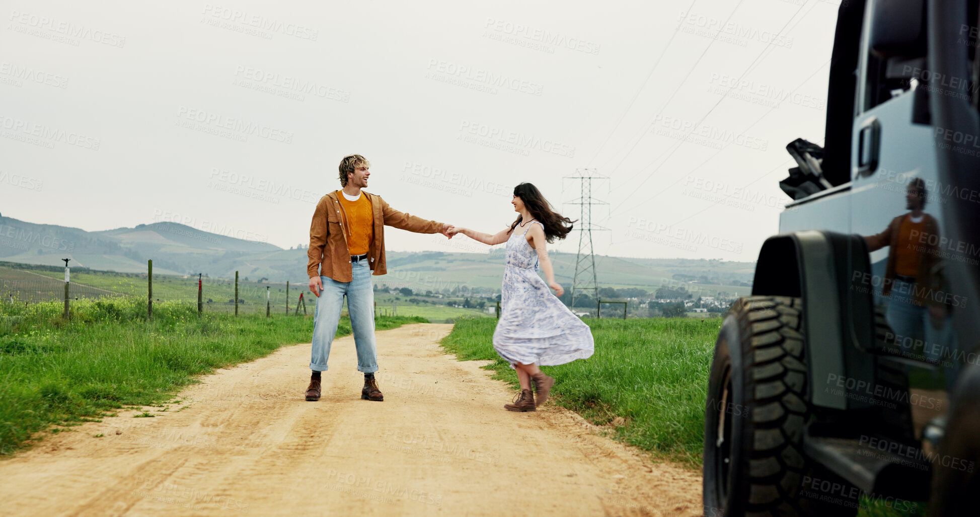 Buy stock photo Outdoor, dancing and couple with love, travel and romance with relationship, care and trust. Road trip, vehicle and man with woman, holding hands and holiday with nature, marriage and anniversary