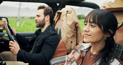 Buy stock photo Travel, woman and couple of friends in car for road trip, holiday adventure and sightseeing. Happy people, passenger or driving in vehicle for weekend getaway, vacation journey or countryside tourism