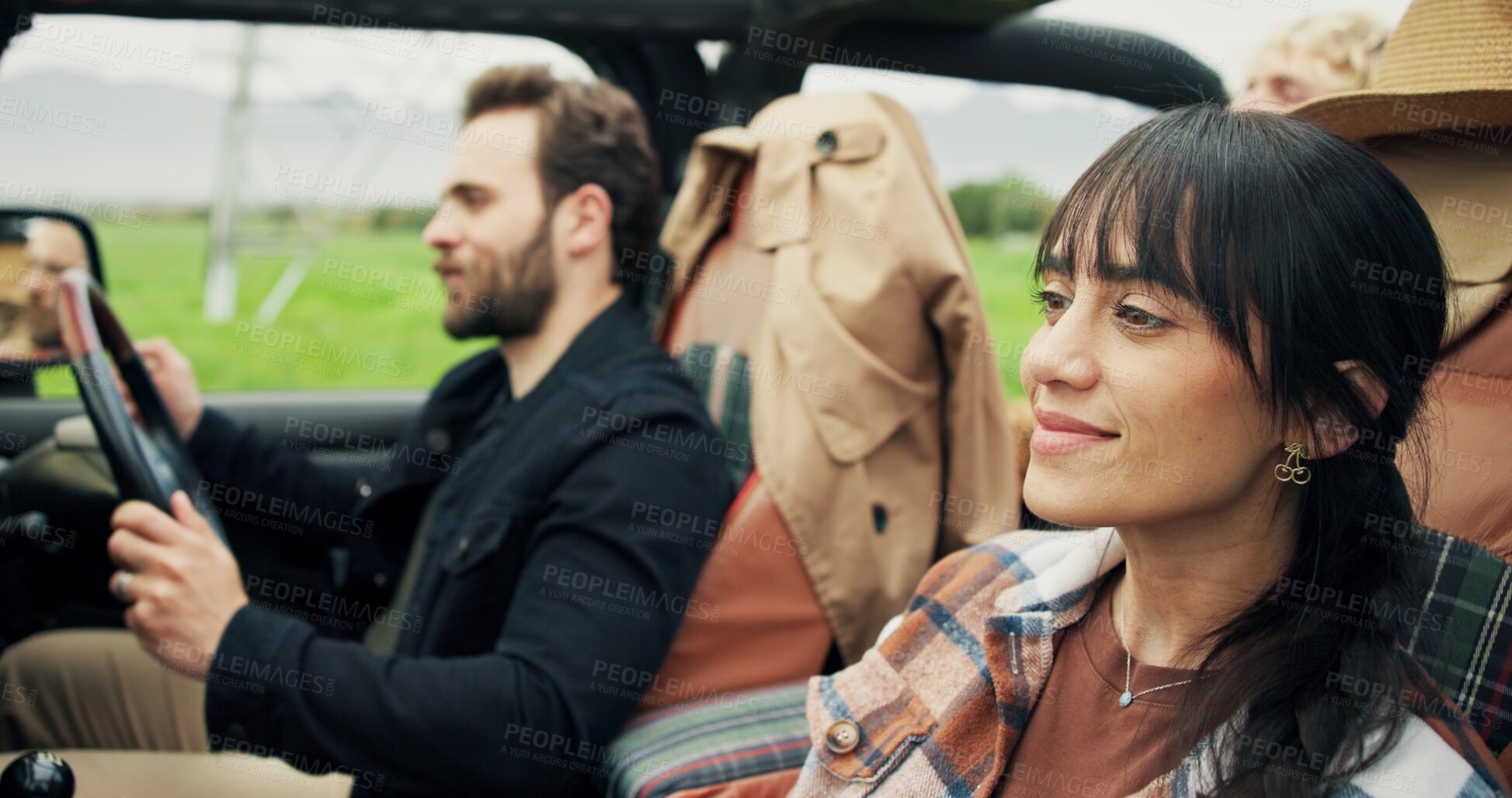 Buy stock photo Travel, woman and couple of friends in car for road trip, holiday adventure and sightseeing. Happy people, passenger or driving in vehicle for weekend getaway, vacation journey or countryside tourism