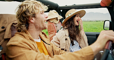 Buy stock photo Driving, couple and laughing in car for road trip, travel adventure and funny ride together. Relationship, happy people and holiday getaway in van for countryside tourism, vacation journey or bonding