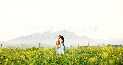 Buy stock photo Love, couple and forehead touch on field for connection, care or holding hands with space on holiday. Romance, man and woman in countryside with flowers on vacation, commitment and together outdoor