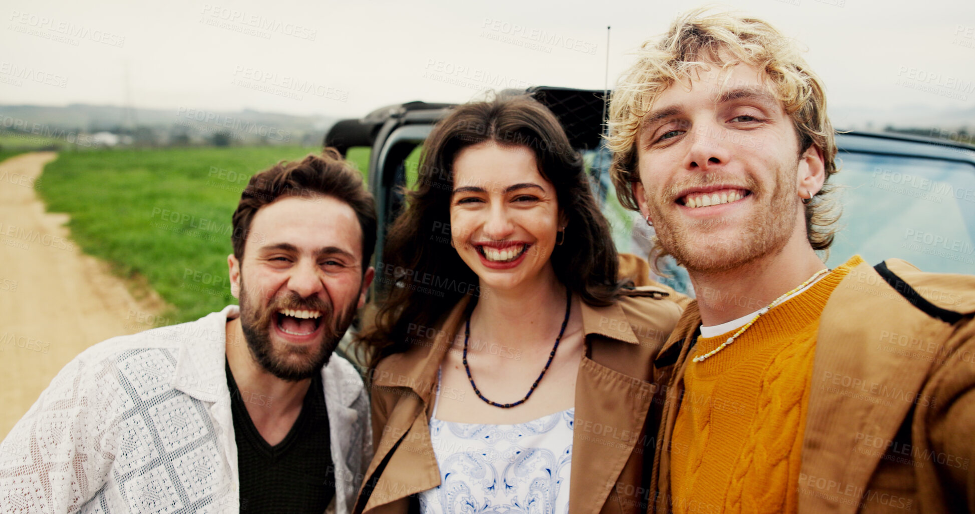 Buy stock photo Road trip, excited friends and selfie of people on vacation, laugh or adventure outdoor. Travel, group photo and portrait in nature for funny memory, social media post or together on holiday with POV