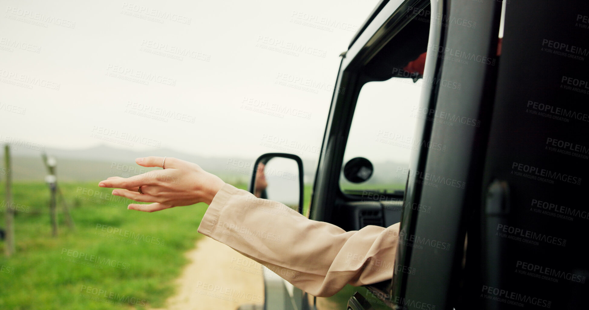Buy stock photo Hands, person and window of vehicle for road trip with fresh air, travel and adventure freedom. Woman, car and breeze with sensory experience, driving journey and explore nature for holiday in safari