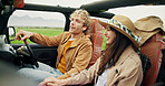 Travel, happy couple and driving in car for road trip, holiday adventure and sightseeing together. Support, people and weekend getaway in vehicle for countryside tourism, vacation journey and bonding