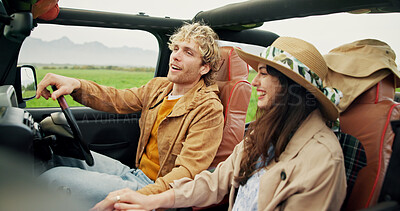 Buy stock photo Travel, happy couple and driving in car for road trip, holiday adventure and sightseeing together. Support, people and weekend getaway in vehicle for countryside tourism, vacation journey and bonding