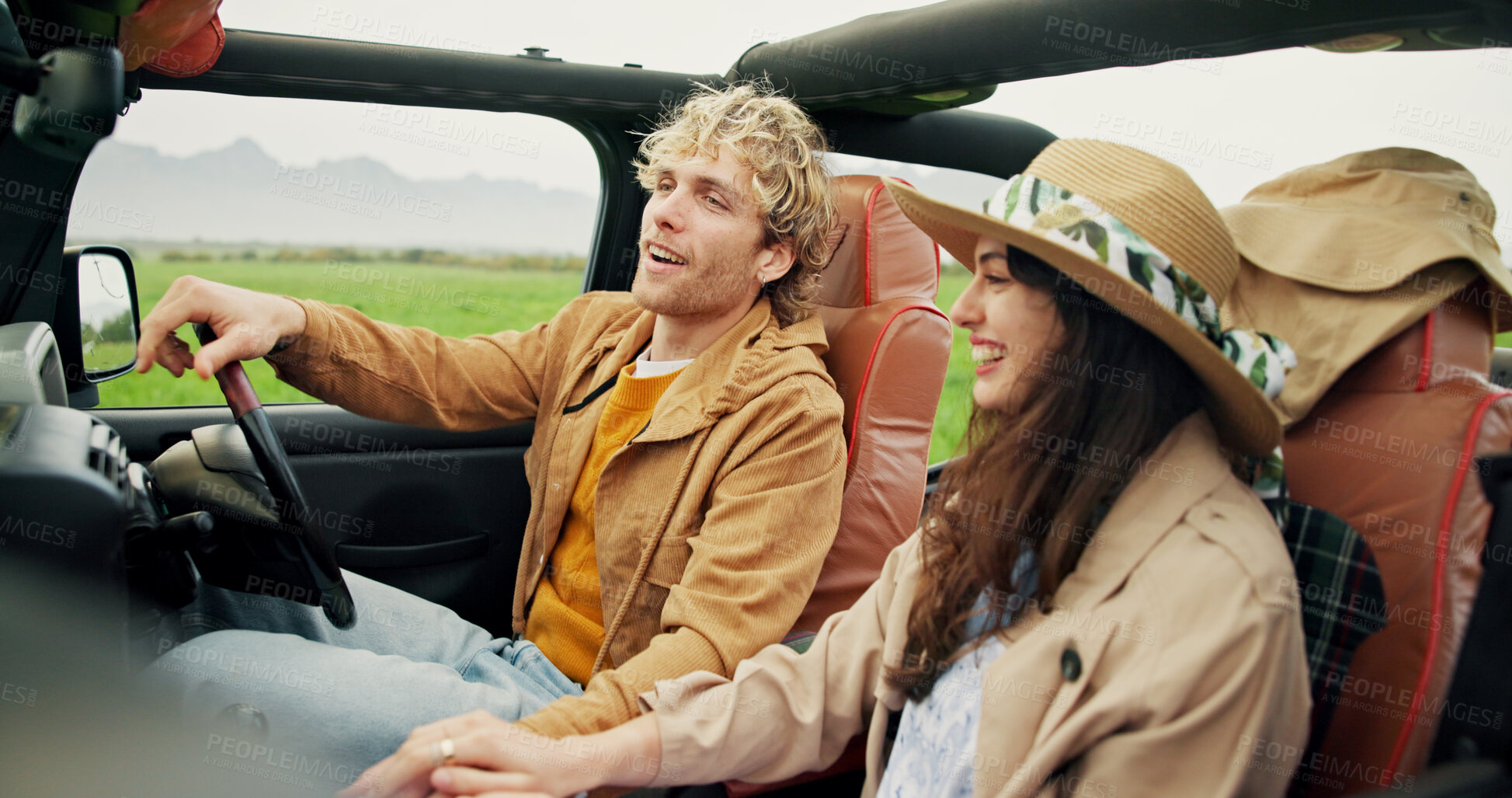Buy stock photo Travel, happy couple and driving in car for road trip, holiday adventure and sightseeing together. Support, people and weekend getaway in vehicle for countryside tourism, vacation journey and bonding