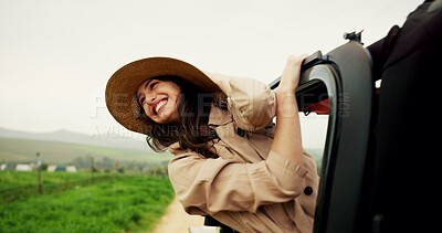 Buy stock photo Woman, car and window with freedom for road trip, adventure and travel or journey in countryside. Excited, female person and passenger with transport in vehicle for holiday, vacation with tourism