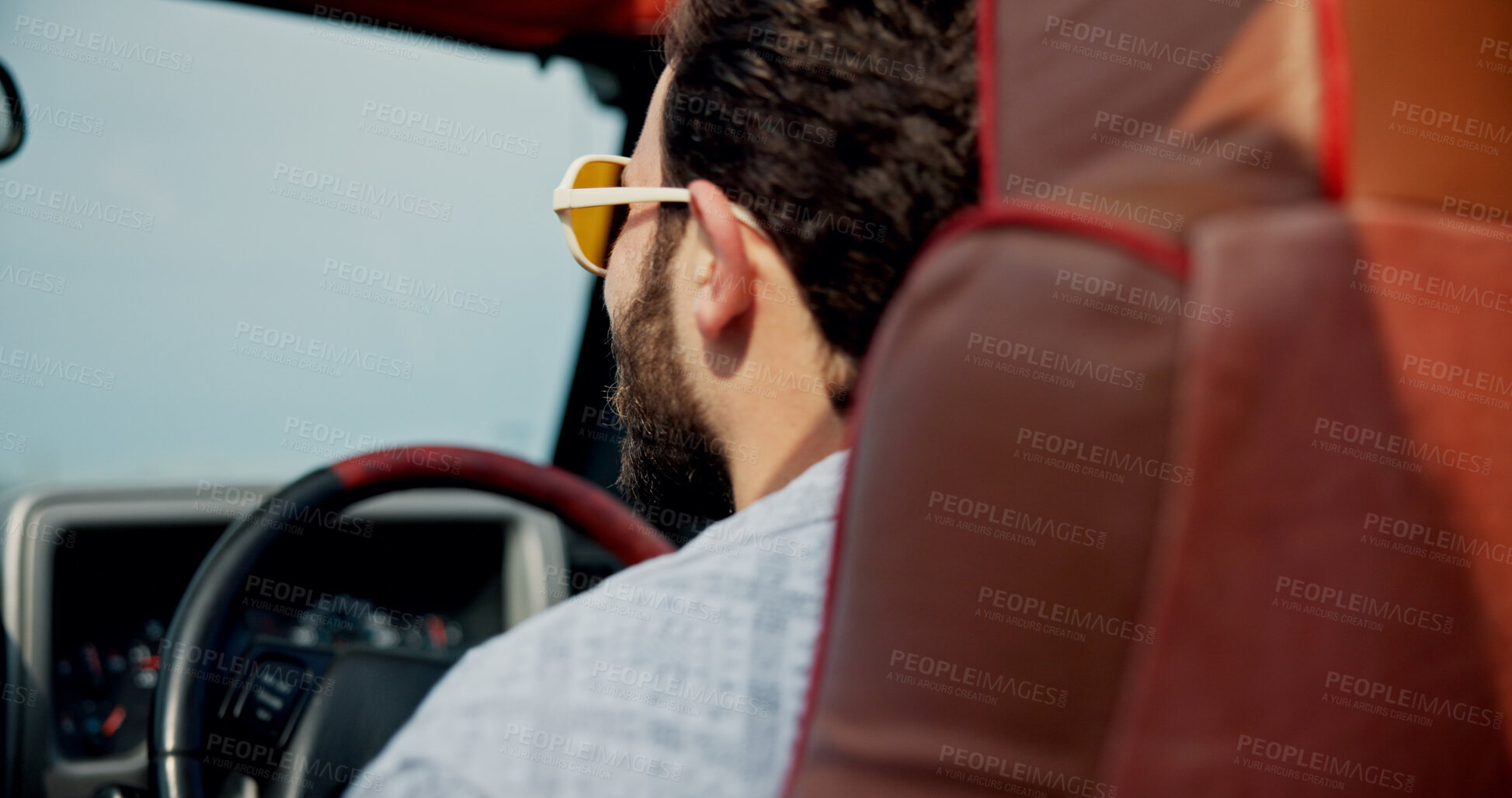 Buy stock photo Driving, travel and back of man in car for holiday destinations, explore and weekend break. Tourist getaway, vacation and road trip journey with person in vehicle for motor and transportation